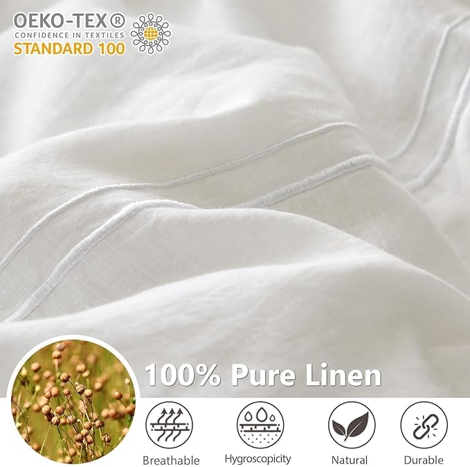 Simple&Opulence 100% Washed Linen Duvet Cover Set 88"x92" - 3 Pieces Soft Farmhouse Comforter Cover Set Double Embroidered with Button Closure - 1 Duvet Cover and 2 Pillowshams (White, Queen)