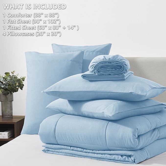 CozyLux Queen Size Comforter Sets Baby Blue, 7 Pieces Bed in a Bag, Blue Comforter Queen Size, All Season Bedding Sets with Stitch Quilted Comforter, Flat Sheet, Fitted Sheet, Pillowcases