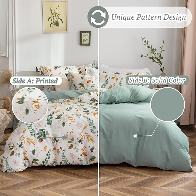 MILDLY Pattern Duvet Cover Set - 100% Washed Cotton Garden Floral Botanical Flower Leaves Bedding Set 3 Pieces Queen Size Linen Feel Breathable Comforter Cover with Zipper Ties