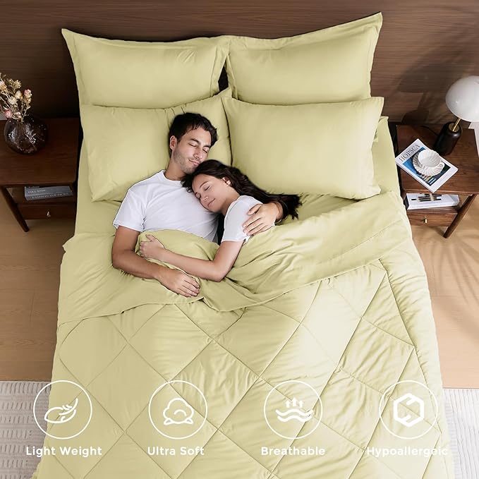 HEVUMYI Cream Yellow Cali-King Comforter Set - 7-Piece All Season Bed in a Bag Cali-King, Ultra Soft Bedding Set with Comforter, Flat Sheet, Fitted Sheet, Pillowcases, Pillow Shams