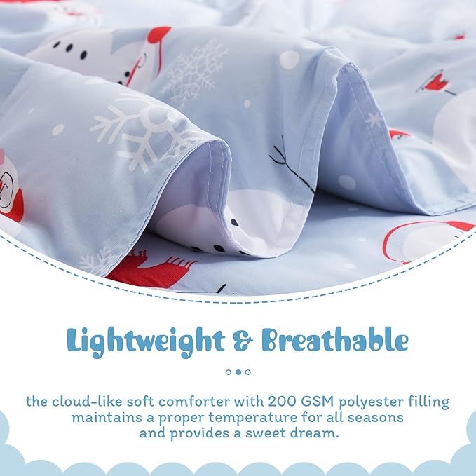 JSD Blue Snowman Kids Comforter Set Queen Size, 3 PC Christmas Winter Printed Microfiber Bedding Set for Boys Girls Teens