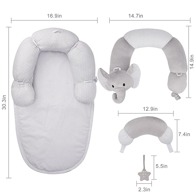 Lovvie & Joy 2-in-1 Tummy Time Mat & Seated Support Pillow,Baby Tummy Time Pillow Support for Newborns and Older Babies,with Detachable Support Pillow and Toys Elephant