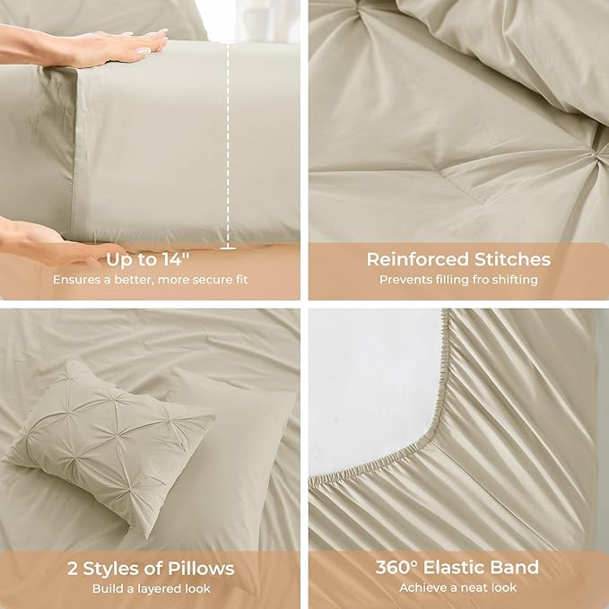 Sasttie Queen Comforter Set, 7-Piece Bed in a Bag, Pintuck Bedding Sets for All Season, Includes Comforter, Flat Sheet, Fitted Sheet, Pillowcases and Pillowshams, Linen
