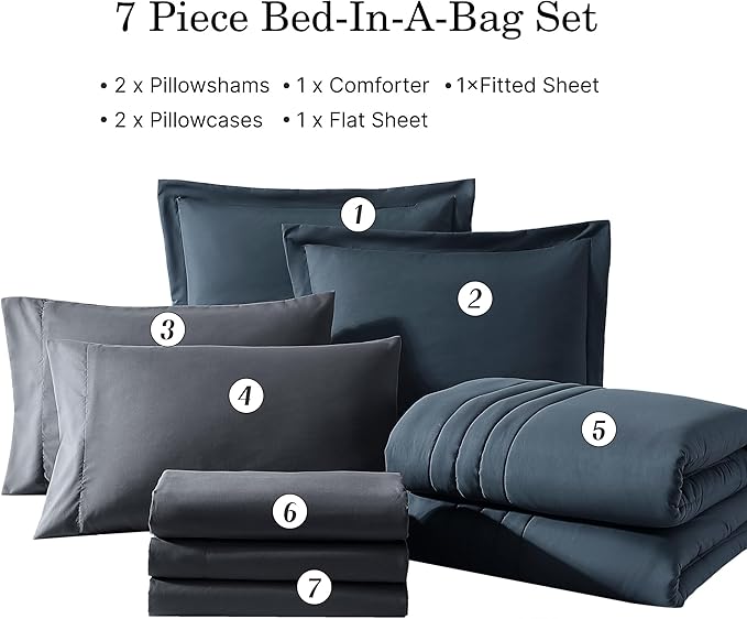 Monbix California King Size Comforter Set - 7 Pieces Bed in a Bag Cal King, Blue Grey Bedding Sets with Comforter, All Seasons Comforter Bed Set with Sheets, Pillowcases & Shams