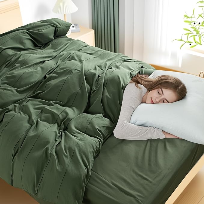 NEXHOME PRO 100% Organic Cotton Duvet Cover Oversized King Size, Linen Like Pleated Textured Forest Green Duvet Cover Set, 3pc Bedding Set with Zipper Closure, Soft,120"x98", No Comforter