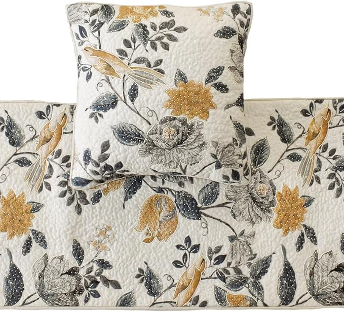 The HomeCentric King/Queen/Twin Blue & Ivory Decorative Full 68"x18" Bed Runner Without Pillow Cover, Bird, Pearl & Quilted Bed Scarf on Linen Fabric - Vintage Birdena