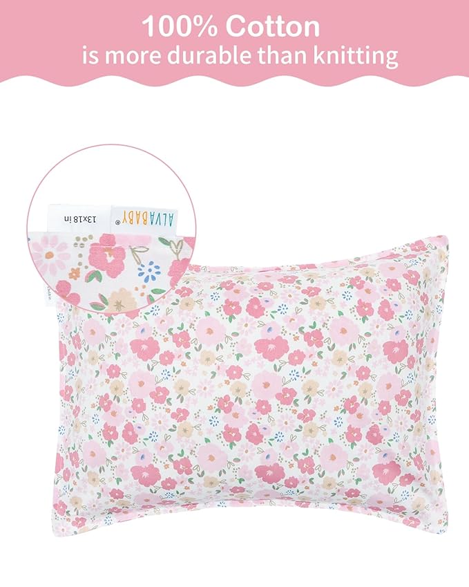 ALVABABY Toddler Pillowcases 2 Pack Organic Cotton Kids Pillow Cover Fit 13"x 18" or 14"x19" Envelope for Girl Sleepy Travel Pink Flower 2TPW38A