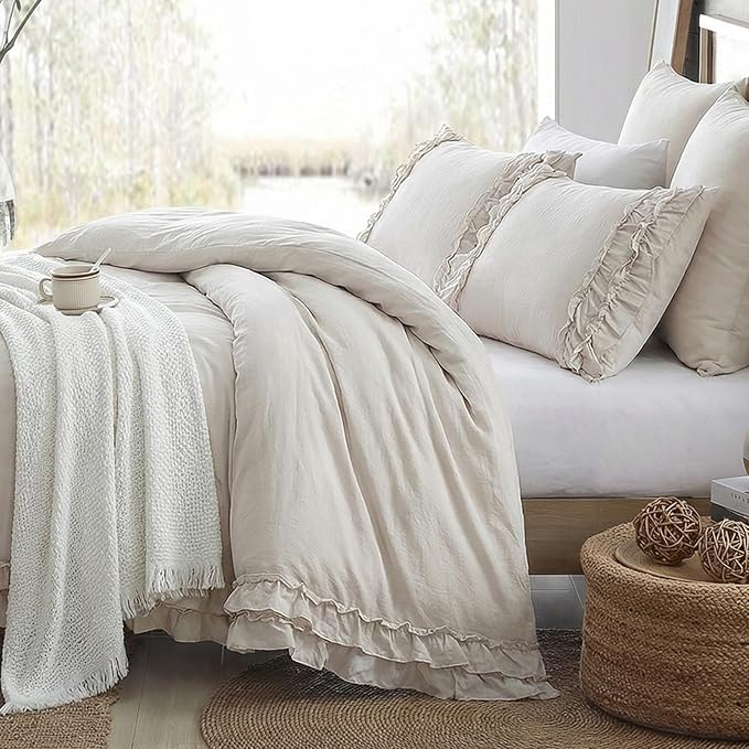 Bedorm Beige Duvet Cover Twin Shabby Chic Bedding Soft Breathable Washed Microfiber Ruffle Duvet Cover Coquette Cute Comforter Cover Girls Women