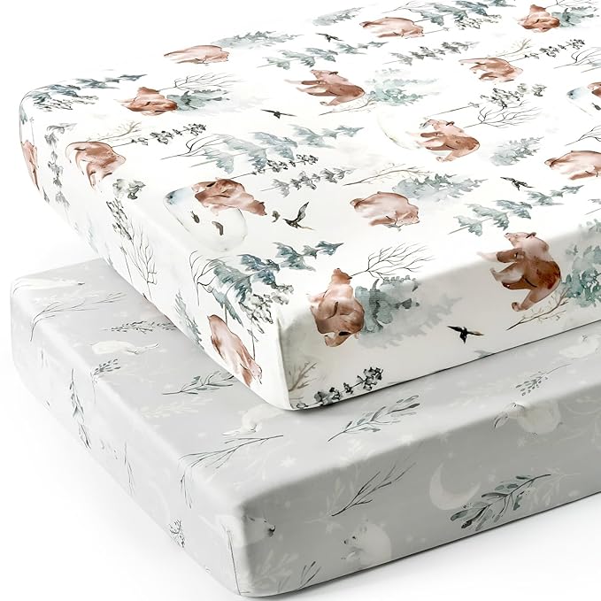 Stretchy Ultra Soft Jersey Knit Fitted Crib Sheets Set 2 Pack，Fit All Standard Crib Mattress Pads Safe and Snug, Stylish Pattren of Bear and Wolf Print