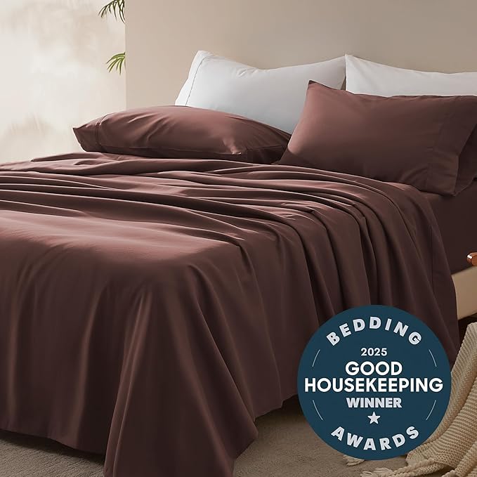 SLEEP ZONE Nanotex Super Soft Cooling Twin Bed Sheets Set for Kids 3 Piece - Easy Care Fitted Flat Sheet & Pillowcase Sets - Wrinkle Free, Fade Resistant, Deep Pocket 16" (Brown, Twin)