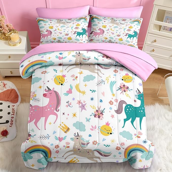 Nesker 7 Pcs Comforter Set Queen Size, Cute Colorful Unicorns Bedding Set for Kids Teen, Cloud Rainbow with Fitted Sheet 2 Pillowcases & 2 Shams for Bedroom Bed Decor