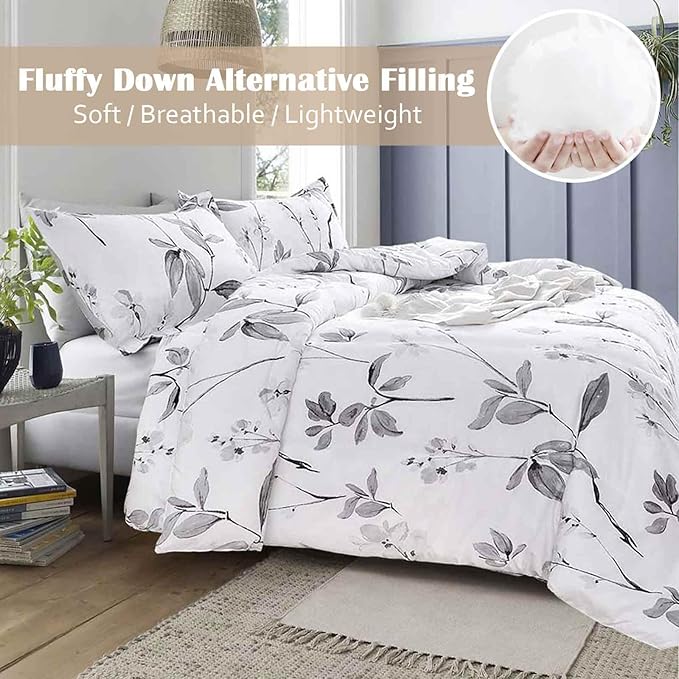 Nanko Queen Comforter Set 3pc, White and Grey Floral Leaf Print Reversible Down Alternative Microfiber Bedding - All Season Duvet and 2 Pillowshams Bed Sets for Women, Size 88x90 Farmhouse Gray Flower