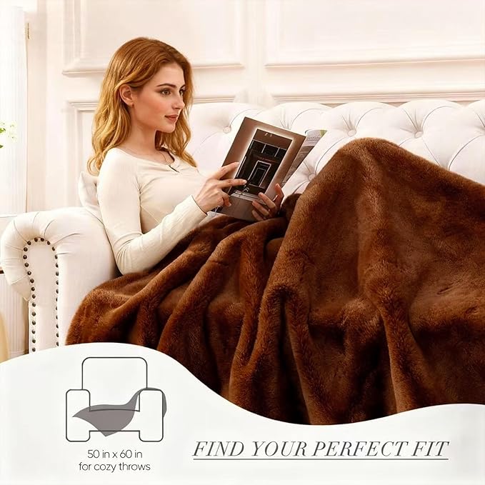 Faux Rabbit Fur Throw Blanket 880 GSM,Ultra Soft Thick Warm Bubble Plush, Reversible Throw for Couch Sofa Bed, Cozy Shaggy Blanket for Bedroom & Living Room(50"x60",Coffee)