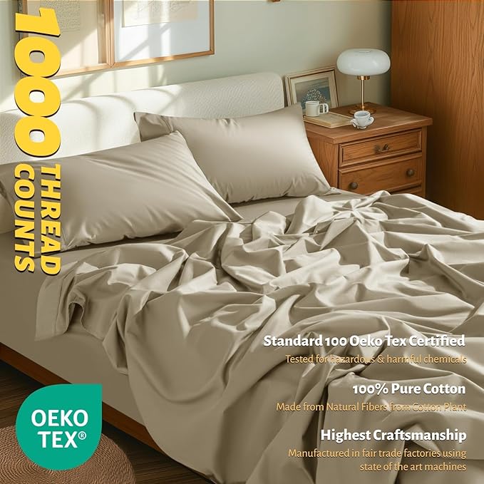Shilucheng 100% Egyptian Cotton Sheets Set - 1000 Thread Count，Luxury Cotton Bed Sheets，Breathable & Cooling Bedding and Pillow Cases, 16 Inch Deep Pocket - 4 Piece (Linen, Full)
