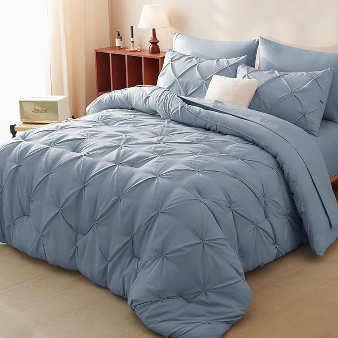 Queen Comforter Set Grayish Blue, 7 Pieces Pintuck Bed in A Bag Queen Size Bedding, Soft Bed Set All Season Pinch Pleat Comforter Set with Sheets, Pillowcases & Shams