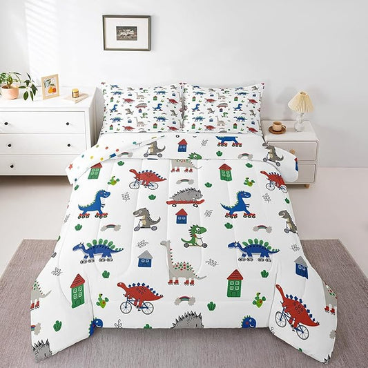 Feelyou Kids Cartoon Dino Comforter Set Full Size, Blue Green Dinosaur Bedding Set Boys Girls Kawaii Comforter Jungle Dino Duvet Insert 3Pcs
