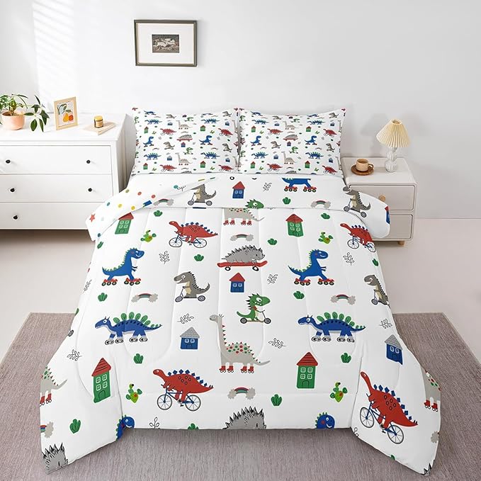 Feelyou Kids Cartoon Dino Comforter Set Twin Size, Blue Green Dinosaur Bedding Set Boys Girls Kawaii Comforter Jungle Dino Duvet Insert 2Pcs