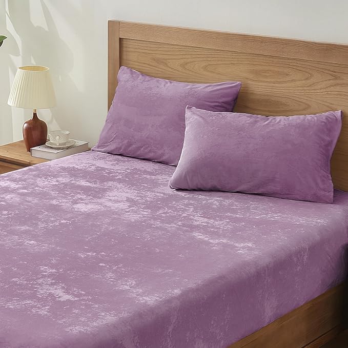 BEDELITE Velvet Fitted Sheet and Pillowcases Set, Luxury Soft Fuzzy Bottom Sheet with Reinforced Elastic Corner Straps, Deep Pocket up to 15 Inch, 1 Fitted Sheet and 2 Pillowcases (Cal King, Lavender)
