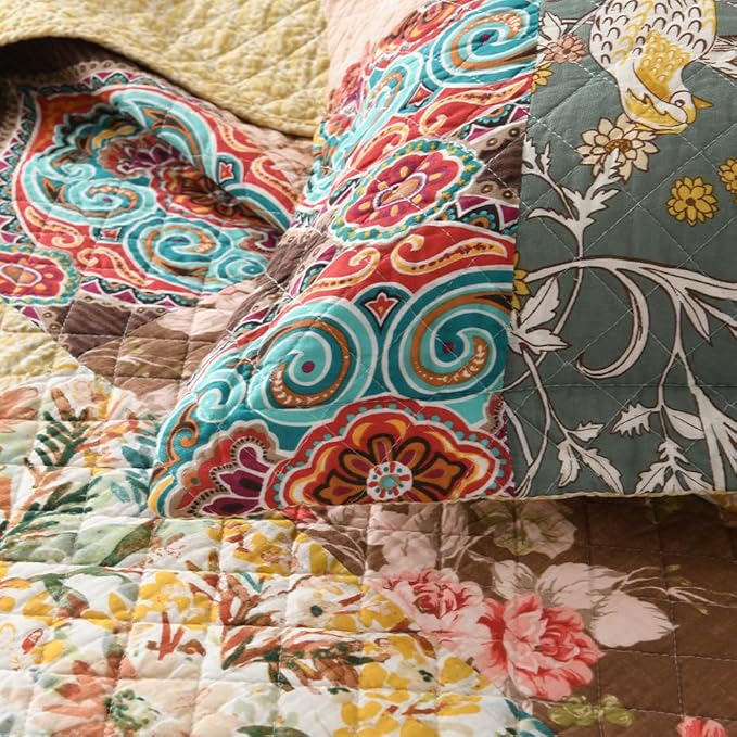 Autumn Dream Cotton Bedspread Quilt Sets Reversible Bedding Coverlet Sets, Luxury Vintage Floral Patchwork Yellow Bedspread, King Size | Breathable material, Reversible, Handmade patchwork, soft durable, Jacquard stitching