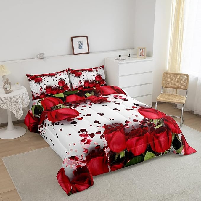 Feelyou Rose Comforter Red Rose Petals Bedding Set Floral Bouquet Botanical Design Comforter Set Romantic Flowers Microfiber Duvet Set Valentine's Day Couple Lover Room Decor Quilt Set King Size