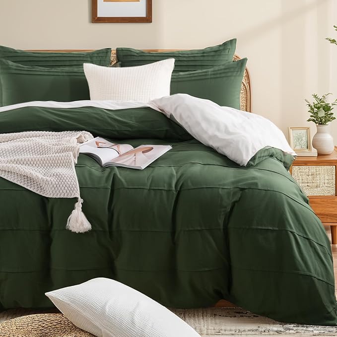 NEXHOME PRO 100% Organic Cotton Duvet Cover Super King Size, Linen Like Pleated Textured Forest Green Duvet Cover Set, 3pc Bedding Set with Zipper Closure, Soft,108"x98", No Comforter