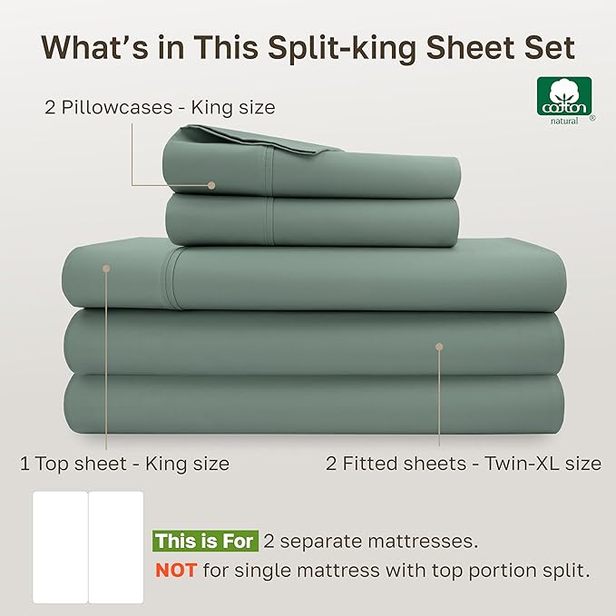 California Design Den Split King Sheets Sets for Adjustable Bed - Soft 400 Thread Count Sateen, Natural 100% Cotton Sheets with Deep Pockets, Breathable, and Durable Bedding Set - Sage Green
