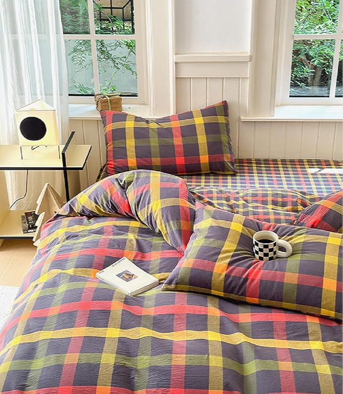 LifeTB Twin XL Comforter Set Modern Style Plaid Checkered Pattern Comforter with 2 Pillowcases Gingham Bedding Comforter Set Multicolor Grid Bed Comforter Fluffy Lightweight Bedding Set Twin XL