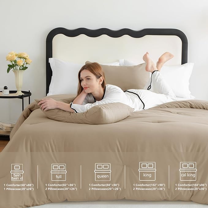CozyLux King Size Comforter Set Taupe, 3 Pieces Solid Breathable Quilted Style Bedding Sets All Season, Luxury Soft Microfiber Down Alternative Comforter Bed Set (1 Comforter & 2 Pillowcases)