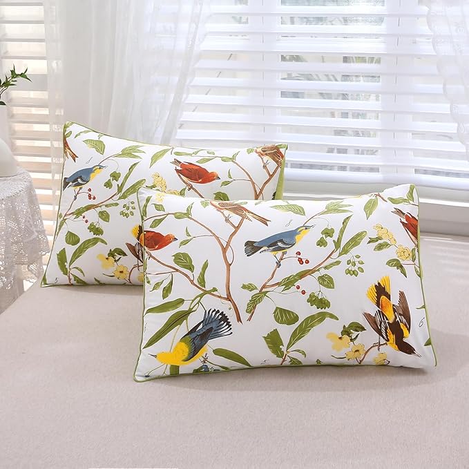 URBONUR 100% Cotton Percale Duvet Cover Set Queen Size 3 PCS Soft Breathable Botanical Bedding Set Green Leaves and Birds Printed on White Duvet Cover, Corner Ties Button Closure