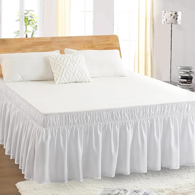 Full Bed Skirt, Elastic Wrap Around Bed Skirt Full Size, Bed Skirts for Adjustable Bed, Easy Fit with 18" Drop Length Tailored Drop Dust Ruffle (White)