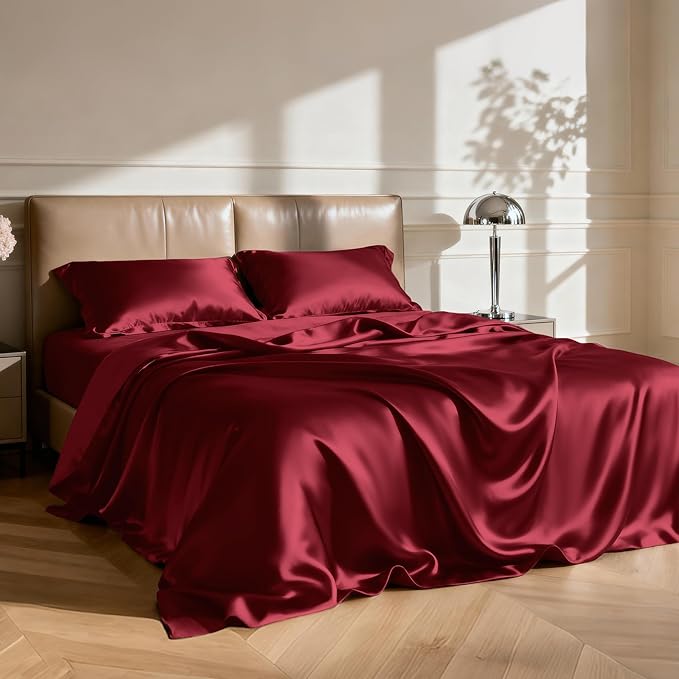 Love's cabin 4Piece California King Satin Bed Linen Set, Burgundy Silky Satin Sheets, Deep Pocket, Luxury Silk Feel, 1 Flat, 1 Fitted Sheet, 2 Pillow Cases