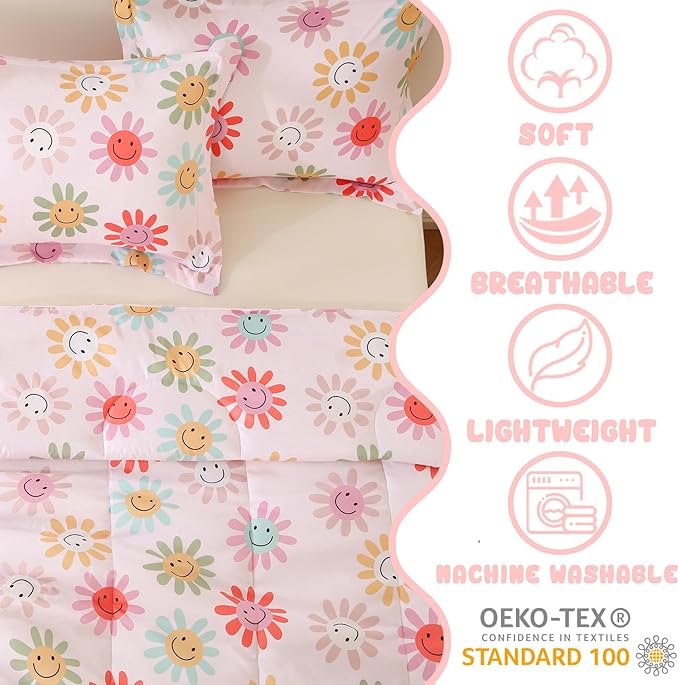 Yibeizi Floral Comforter Set for Girls Full Size, Kids Cute Patterned Bedding Set with Pillow Sham, Lightweight Soft Breathable Machine Washable Quilt Bed Comforter Set 3 Piece
