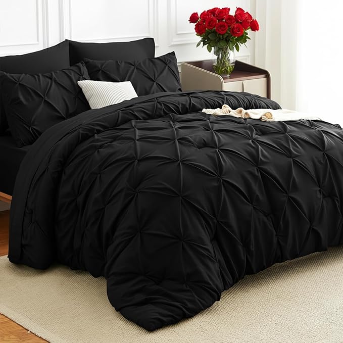Queen Comforter Set 7 Pieces Bed in A Bag Black Luxury Soft Queen Size Bed Set Pintuck Pinch Pleat Bedding Sets with Comforter, Flat Sheet, Fitted Sheet and Pillowcases & Shams