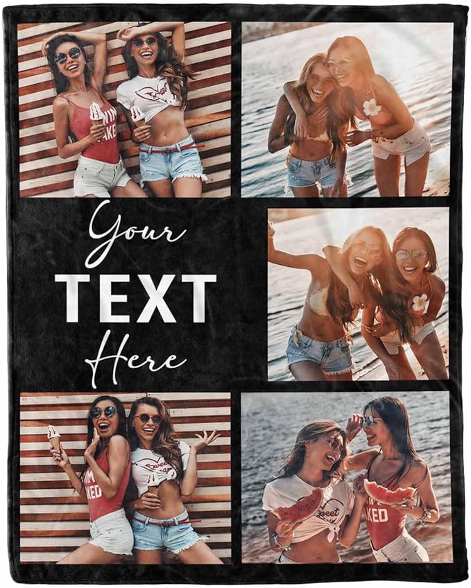 Custom Blankets with Photos Text, 5 Photos Custom Picture Blanket Best Friend Blanket Personalized Friendship Blankets for BFF Sister,Teen Girls Besties on Birthday, 8 Sizes