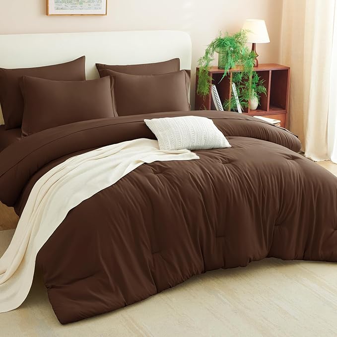 CozyLux Full Size Comforter Set Brown, 7 Pieces Bed in a Bag Full Comforter Set with Sheets, Soft Bedding Set with Down Alternative Comforter, Fitted Sheets, Flat Sheets, Pillow Shams and Pillowcases