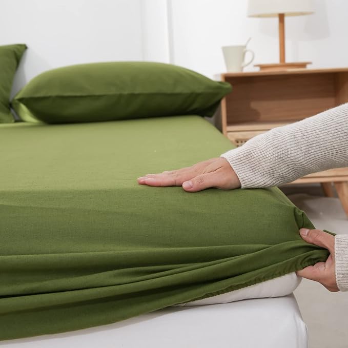 Simple&Opulence Belgian Linen Sheet Set Solid Color - 3 Pieces (1 Flat Sheet, 1 Fitted Sheet & 1 Pillowcase) Natural Flax Cotton Blend Soft Breathable Farmhouse Bedding - Twin Size, Forest