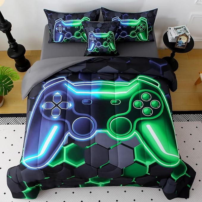 JQinHome Queen Gaming Bedding Set 6-Piece Comforter for Kids Teens - 3D Video Game Console Print Bed in a Bag with Ultra-Soft Fluffy Sheets, Blue-Green Unisex Design (Queen)