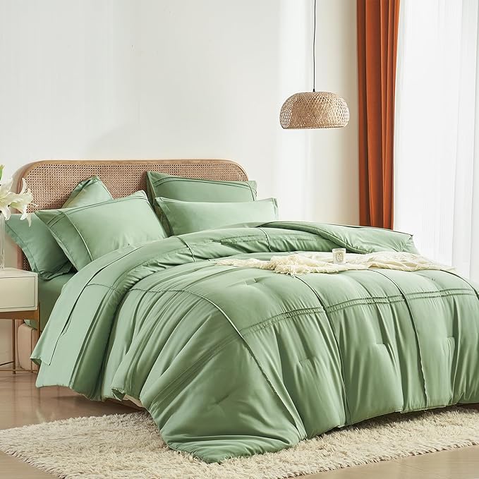 Yogeneg Full Size Comforter Set 7 Piece Bed in a Bag,Grid Pinch Pleat Sage Green Bedding Set,Striped Textured Soft Microfiber Comforter with Sheet Set,All Season Complete Bed Set(Sage Green,Full)