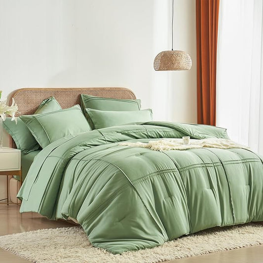 Yogeneg Full Size Comforter Set 7 Piece Bed in a Bag,Grid Pinch Pleat Sage Green Bedding Set,Striped Textured Soft Microfiber Comforter with Sheet Set,All Season Complete Bed Set(Sage Green,Full)