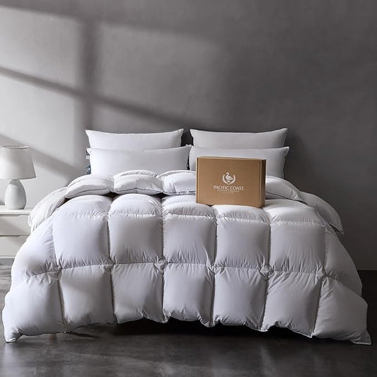 Pacific Coast Luxury White Goose Feather and Down Fiber Comforter Twin Size, All Season Fluffy Hotel Bedding Comforters, Ultra-Soft & Breathable Fabric Duvet Insert Twin with 8 Tabs, 68x90 Inch White