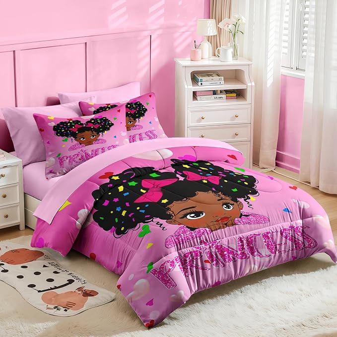 Nesker 7 Pcs Comforter Set Queen Size, Pink Princess Bedding for Kids Teen, Cute Fairy Fantasy Girl with Fitted Sheet 2 Pillowcases & 2 Shams for Bedroom Bed Decor