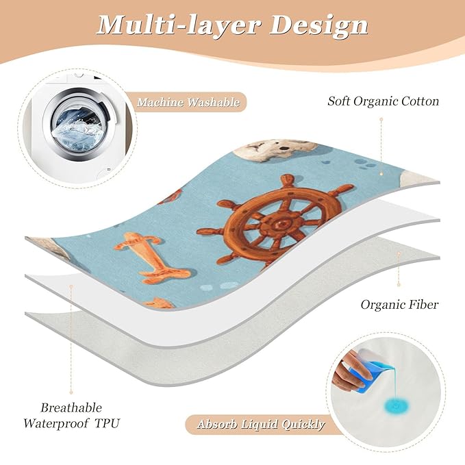 Waterproof Bed Pad Reusable Changing Pad Toddler Mattress Protector Large Pee Pad Baby Diaper Pad Soft Washable Liner Blue Cute Pirate Skulls Ship Wheels Anchors
