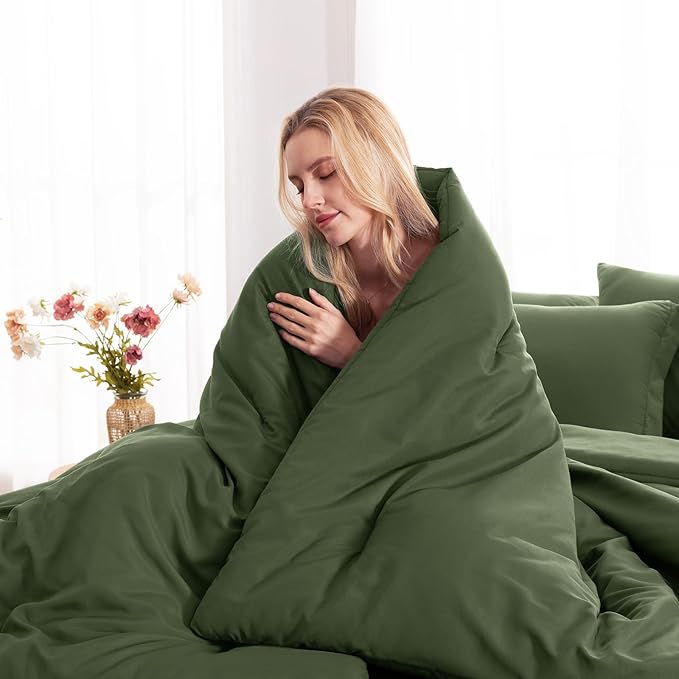 CozyLux Queen Comforter Set Olive Green, 7 Pieces Bed in a Bag Queen Comforter Set with Sheets, Bedding Sets with Down Alternative Comforter, Fitted Sheets, Flat Sheets, Pillow Shams and Pillowcases