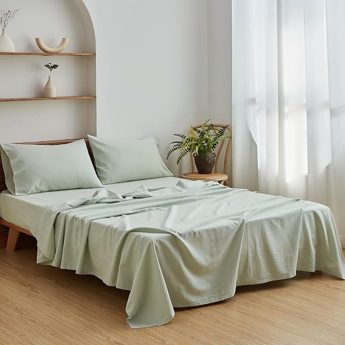 Simple&Opulence Belgian Linen Sheet Set Solid Color - 4 Pieces (1 Flat Sheet, 1 Fitted Sheet & 2 Pillowcases) Natural Flax Cotton Blend Soft Breathable Farmhouse Bedding - King Size, Mint Green