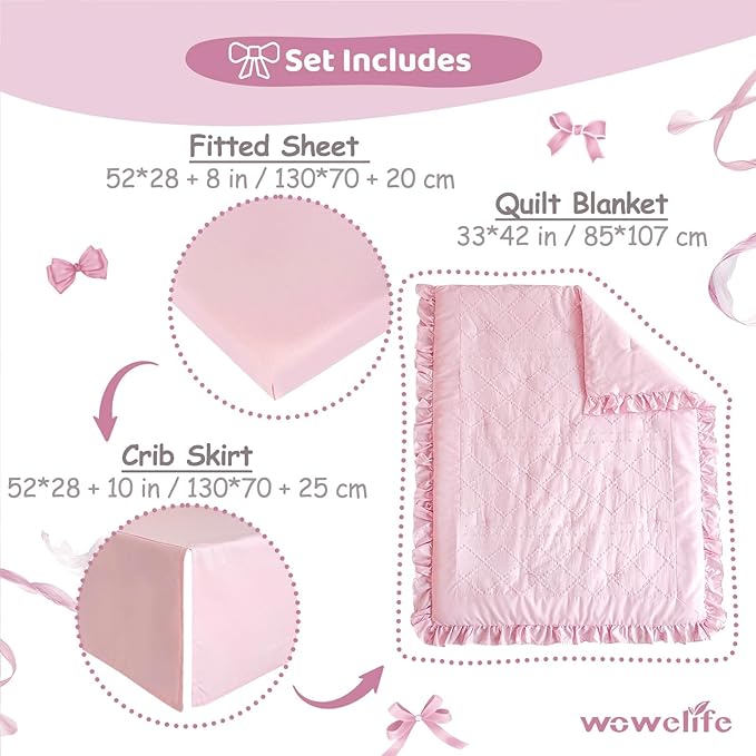Wowelife Baby Girl Crib Bedding Set, Boho 3-Piece Crib Comforter Set for Girls, Ruffle Baby Nursery Bedding Set Include Quilted Comforter, Crib Skirt and Sheet, Pink