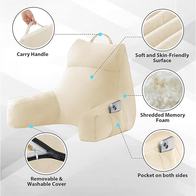 Reading Pillow with Arms for Adult, Back Pillow for Bed Sitting Up, Shredded Memory Foam Backrest Pillow with Pockets & Removable Washable Cover, Lounging, Watching TV, Reading(20" Beige)