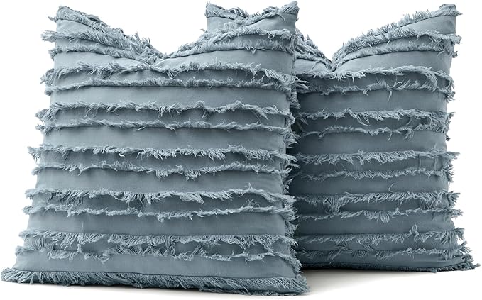 MIULEE Decorative Boho Throw Pillow Covers Set of 2 Blue Grey Linen Striped Jacquard Pattern Farmhouse Coastal Cushion Covers for Sofa Couch Living Room Bedroom 20x20 Inch Home Decor