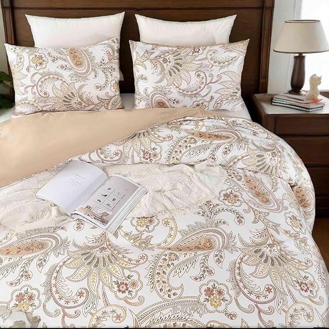 Nanko Paisley Duvet Cover Set Queen Size, Tan Taupe Classy Boho Damask Printed Pattern Bed Set, Soft Microfiber Reversible Comforter Bedding Cover with Zip Ties - Farmhouse for Women Men, 3 Pcs 90 x90