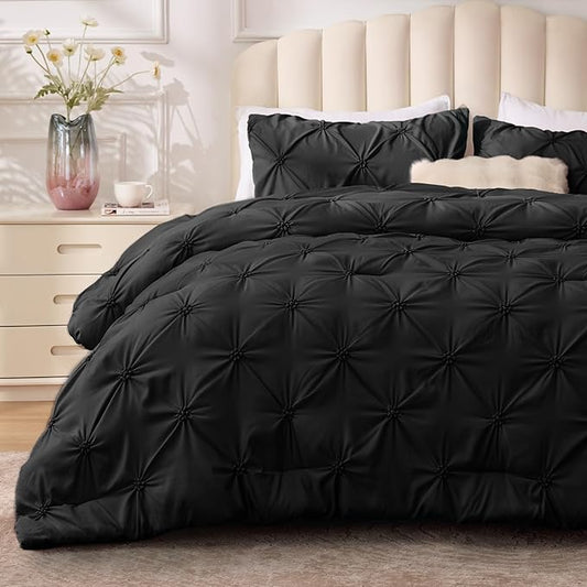 BEDELITE Black King Size Comforter Set - 3 Pieces Boho Pintuck Bedding Comforter Sets, Lightweight Soft & Warm King Bedding Set with 2 Pillowcases for All Season
