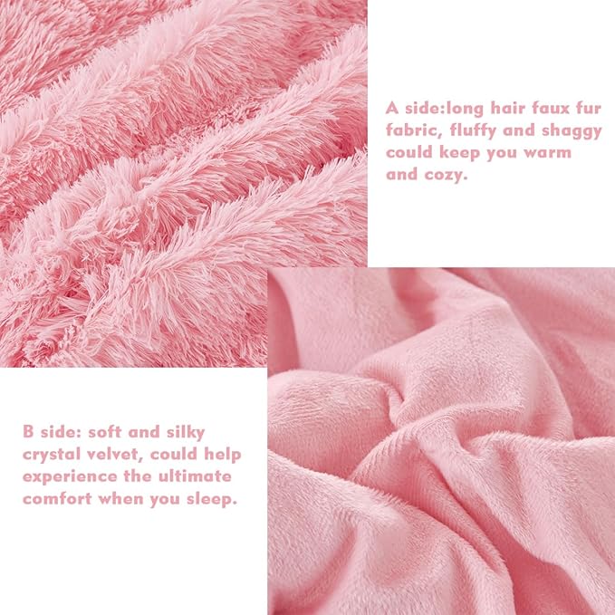 PERFEMET 3 Pieces Plush Pink Comforter Sets Full Size Soft Long Faux Fur Shaggy Girls Bedding Set Warm Velvet Fluffy Fuzzy Bed Set for Kids Teens(Pink, Full)